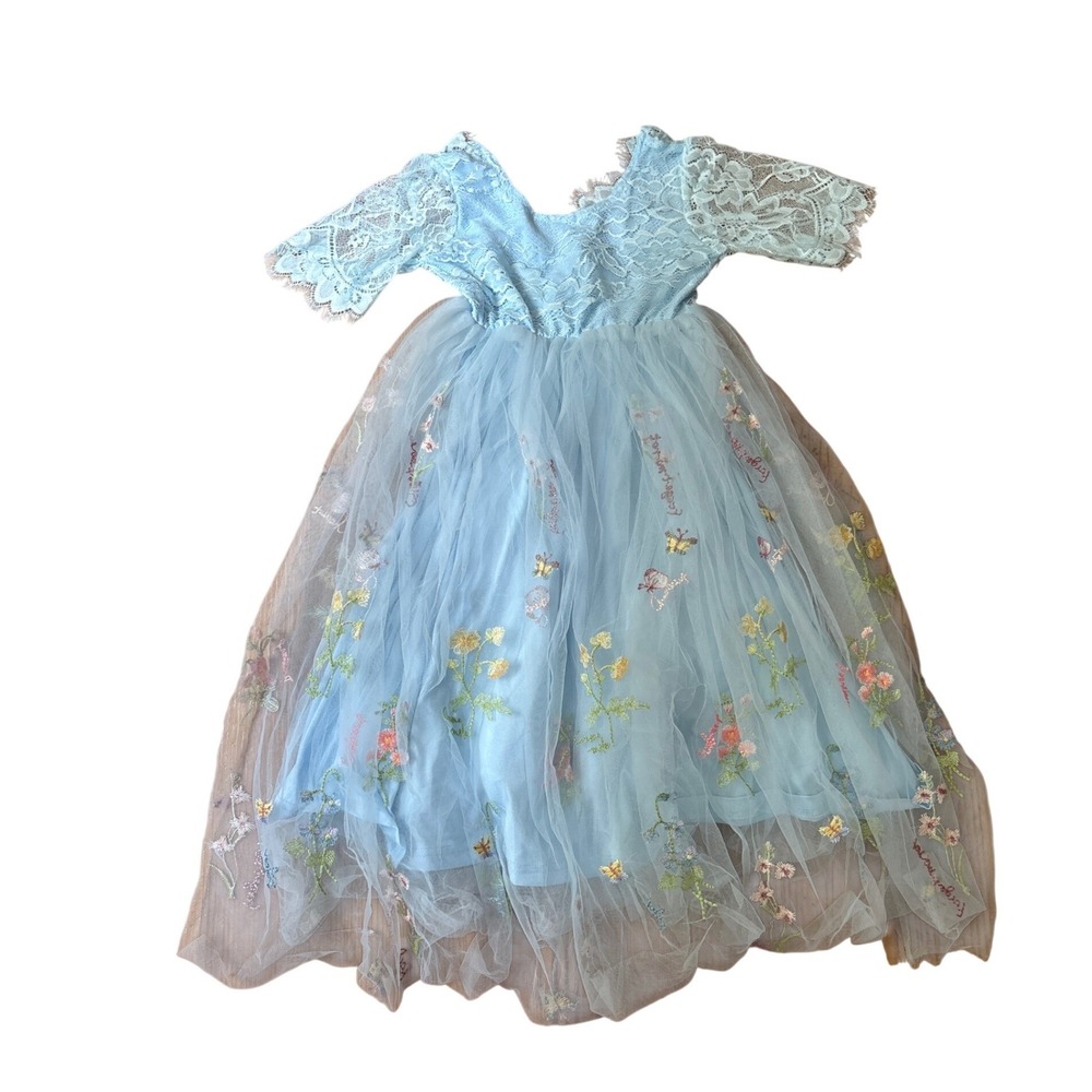 Tulle Floral Lace Dress Girls Light Blue Fairy Embroidery SIZE 6/7